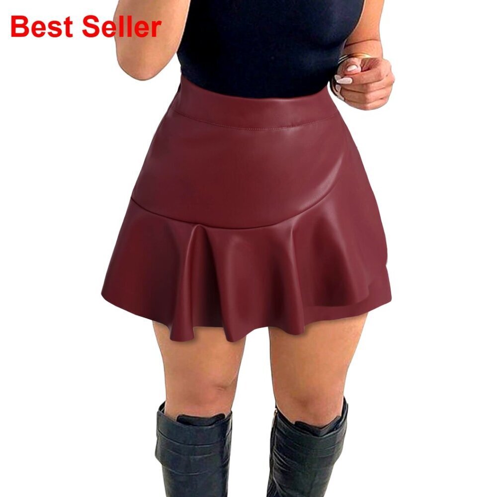PU Leather Skorts for Women High Waisted Split Hem Mini Bodycon